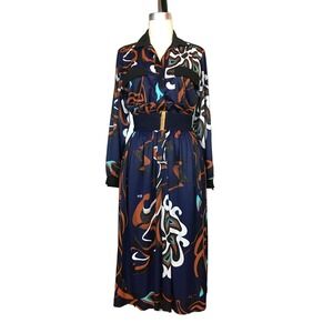 1970s shirtwaist, vintage dress, abstract print, navy, epaulettes, med, asian